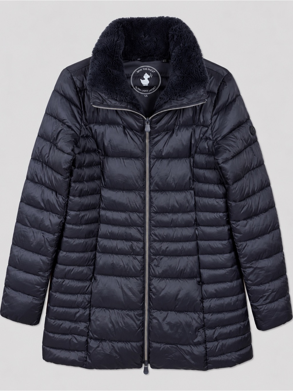 Save The Duck Women Ultra Light Puffer Coat Small Faux Fur Collar Longline Black